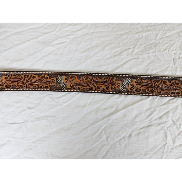 Brazos Joe Belt Co Tooled Leather Western Belt 34 Acorn Oak Leaf Brown Vintage